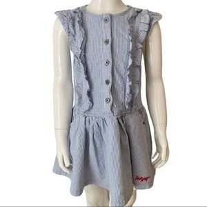 TOMMY HILFIGER Striped Denim Ruffle Dress Sleeveless 100% Cotton Blue & White 5